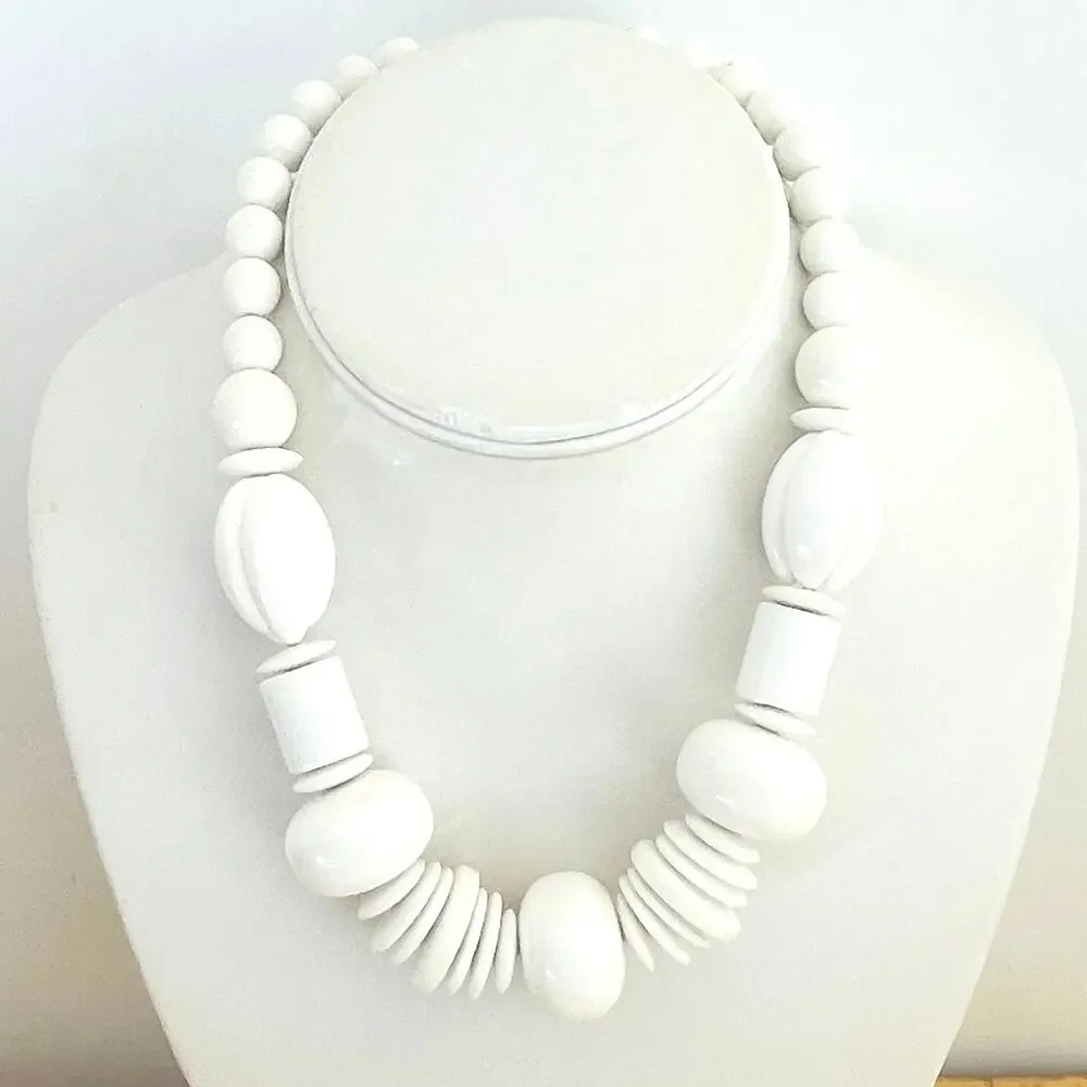Vtg Chunky Statement Necklace Geometric Retro White Mod 60s MCM Acrylic Resin